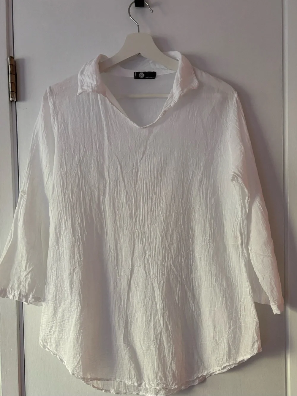 Made in Italy White Cotton Gauze Blouse S Crinkled Sheer Lightweight Relaxed Fit - Picture 9 of 11
